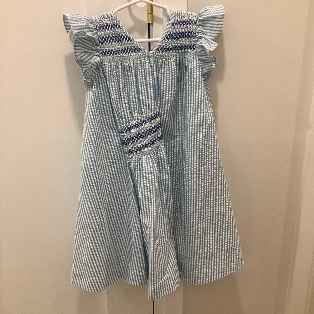 Tia Cibani Blue &White Striped Seersucker Dress with Ruffle Sleeves big size 3/4